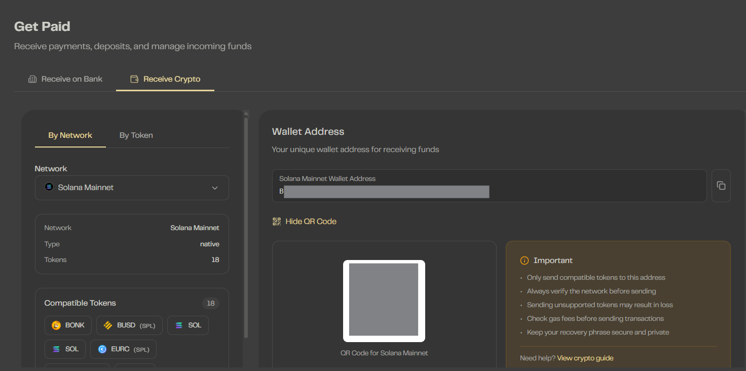 Receive on crypto wallet address