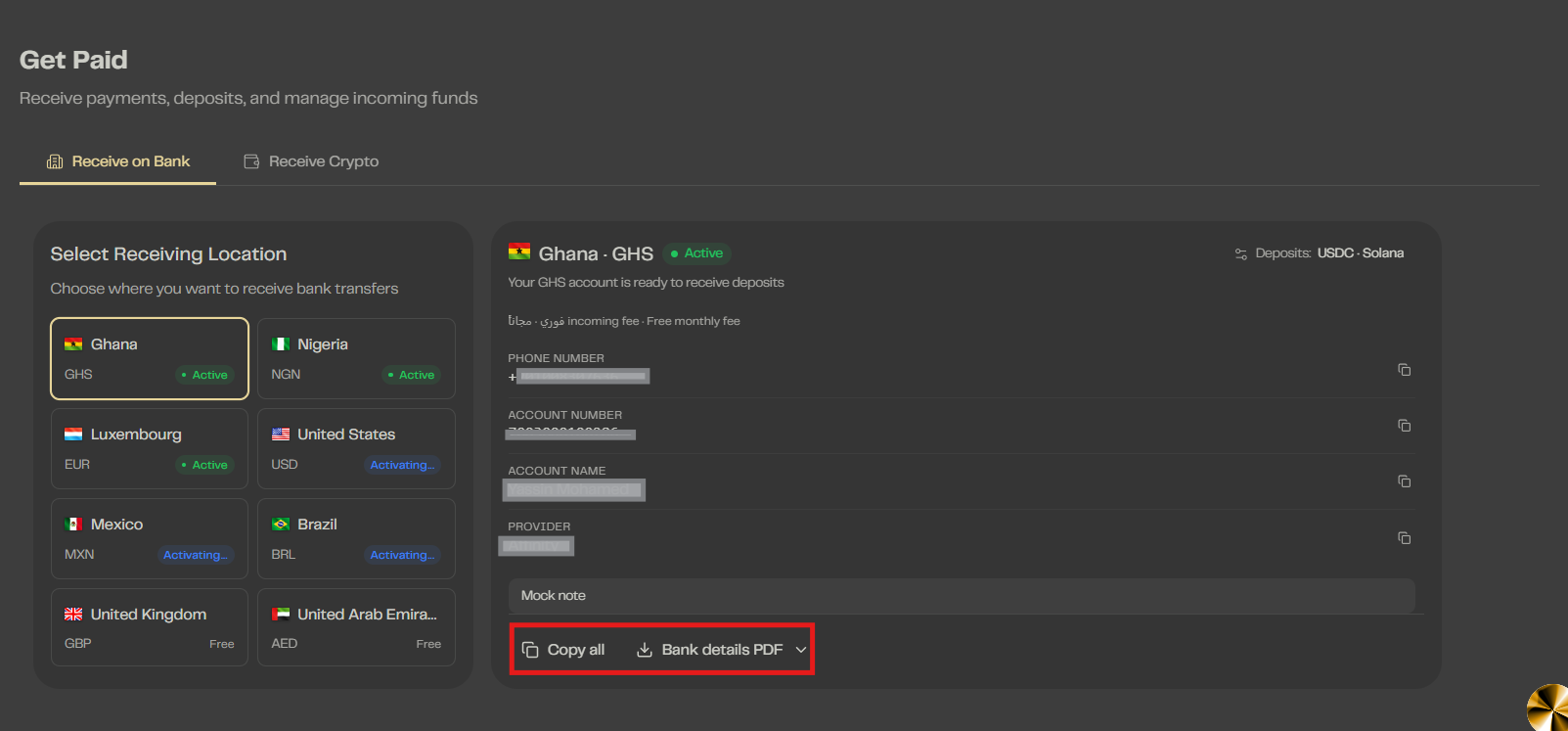 Download bank account details as PDF
