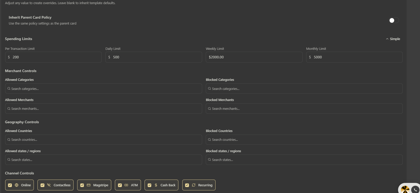 Advanced card controls